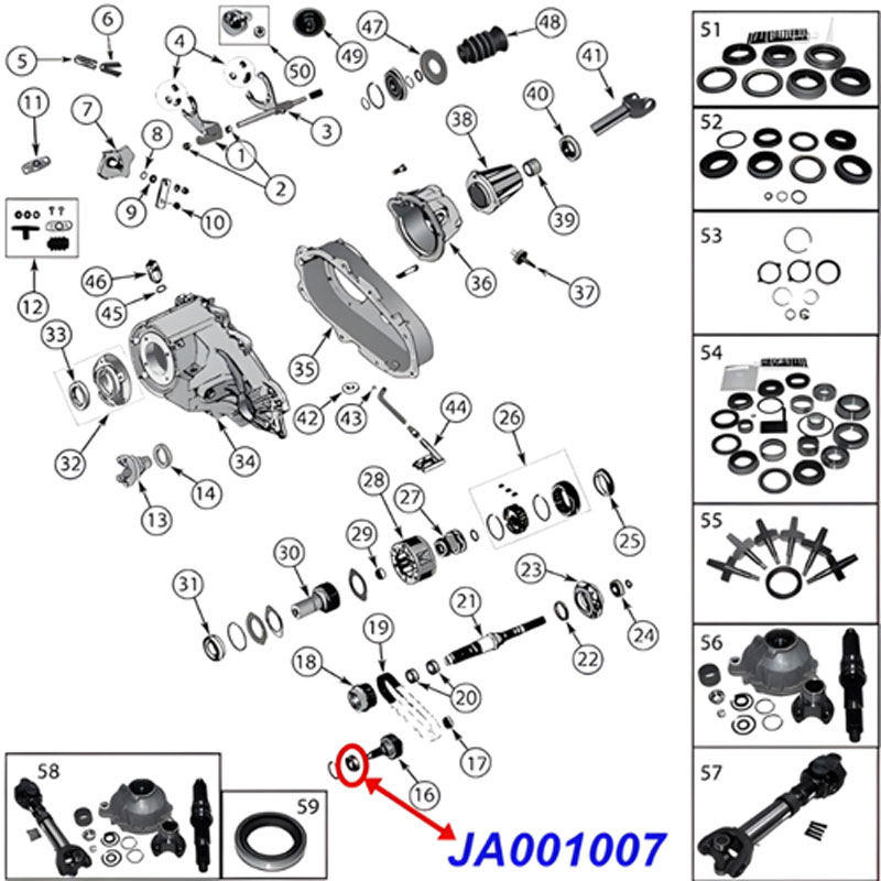 Crown Kardan Lager Hauptwelle Ausgang vorne, Dana 18, NP 207, 231, 242 Verteilergertriebe. Jeep Willys MB / Ford GPW / CJ2A / CJ3A / M38 / M38A1 / CJ3B / CJ5 / CJ6 / Wrangler YJ / TJ / Cherokee XJ / KJ / Grand Cherokee XJ / ZJ (1941-2007). Technische Zeic