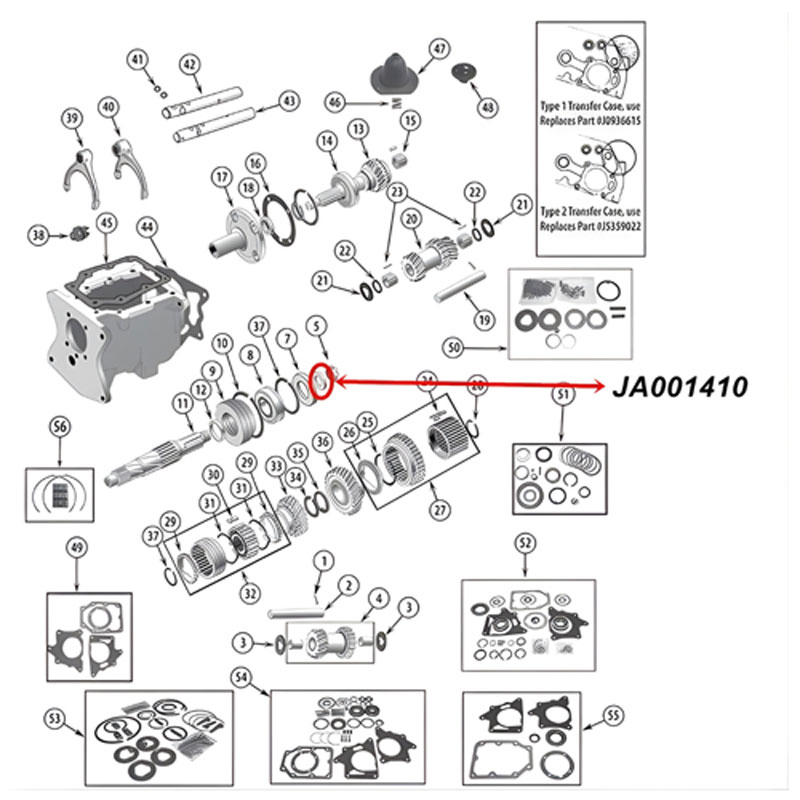 Mainshaft Washer T-Transmission Daan 18 Transfer Case Jeep CJ / SJ / Willys (46-84), exploded drawing highlighting the location of Mainshaft Washer on Transmission with a red arrow.