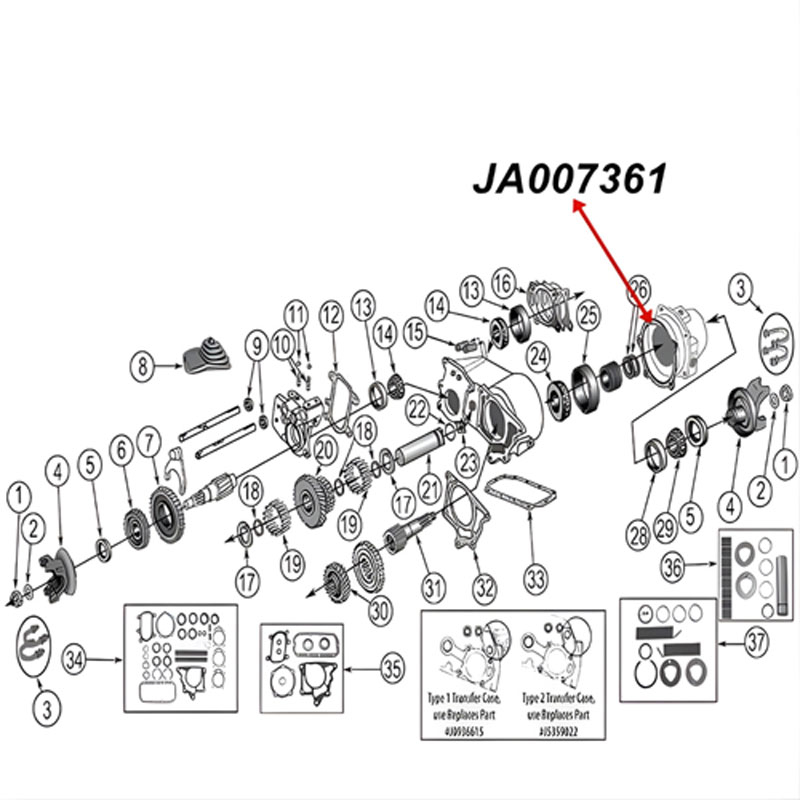 Gehäusedichtung Dana 20 Verteilergetriebe Ausgang hinten Jeep CJ 62-79, Explosionszeichnung, die mithilfe eines roten Pfeils die Position der Dichtung zeigt.