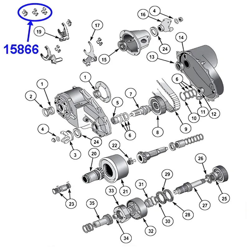 Schaltführungs Set für Schalthabel am NP228, NP229, NP231 und NP242 Verteilergetriebe. Jeep SJ / J Serie / Cherokee XJ / Wrangler YJ / TJ / Grand Cherokee ZJ / ZG / WJ / WG (1982-2007), Explosionszeicnung die die Führungen am Getriebe zeigt.