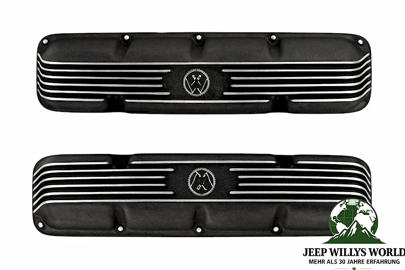 Ventildeckel Paar Aluminium mit OMIX Logo Jeep CJ + Wagoneer SJ 5,0 + 5,9 L 8 Zyl. 72-91