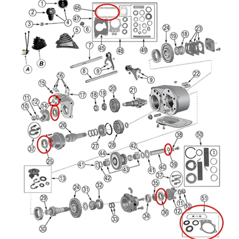 Dichtsatz Überholsatz Master Kit Dana 300 Verteilergetriebe Jeep CJ 80-86, Explosivzeichnung mit roten Highlights an den Setbestandteilen.