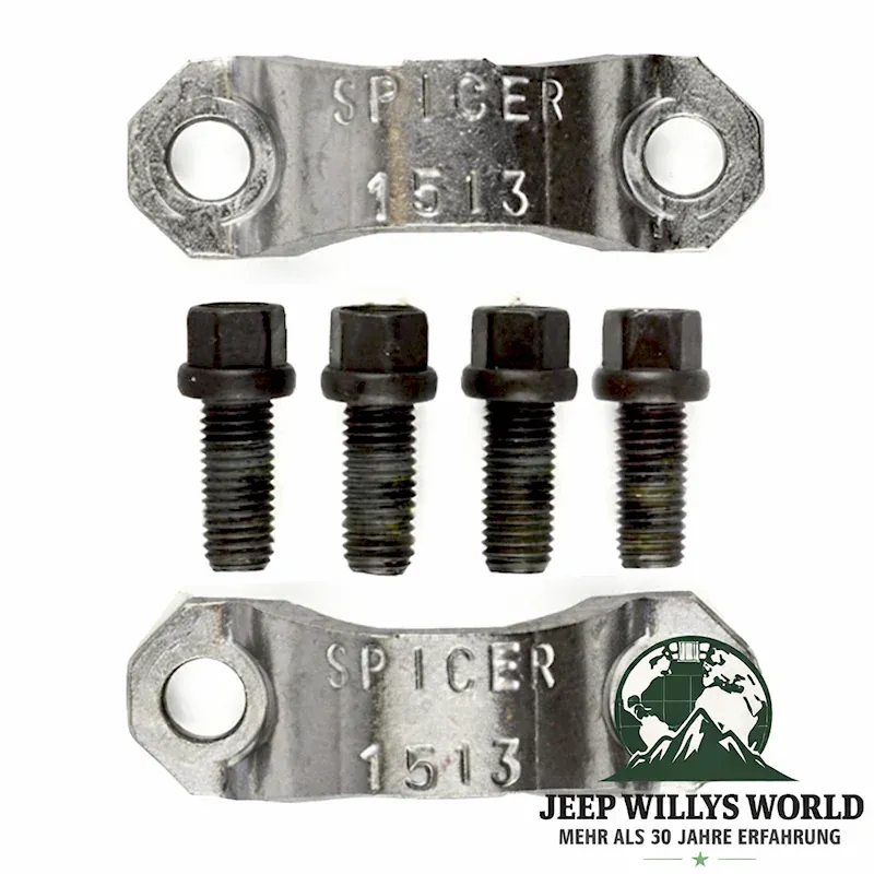 Kardan Bügel Kit Kreuzgelenk Kardanwelle vorne oder hinten Jeep CJ Wrangler Grand Cherokee Commanche 74-06, 2 Bügel und 4 Sechskantschrauben von oben abgebildet.