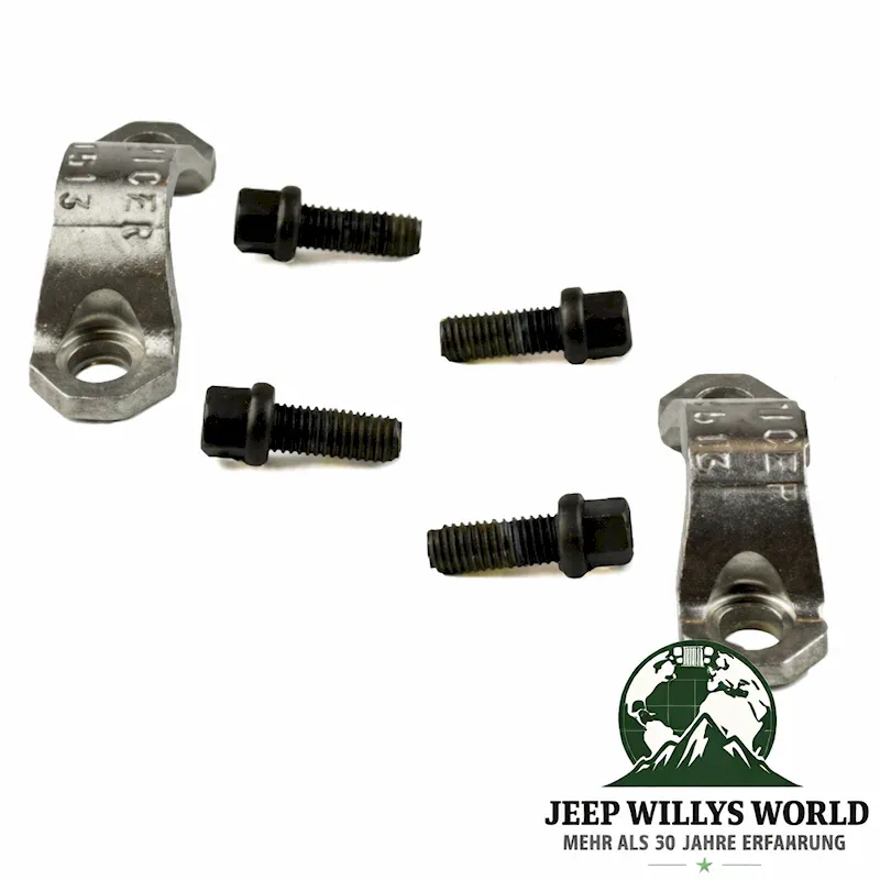 Kardan Bügel Kit Kreuzgelenk Kardanwelle vorne oder hinten Jeep CJ Wrangler Grand Cherokee Commanche 74-06, 2 Bügel und 4 Sechskantschrauben von der Seite abebildet.