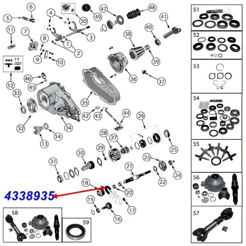 Getriebekette mit 31 Gliedern und 25,4mm Breite für NP231 Verteilergetriebe. Jeep Cherokee XJ / Wrangler YJ / TJ / Grand Cherokee ZJ / ZG / Comanche MJ / Liberty KJ (1987-2007), Explosionszeichnung, die die Position der Kette am Getriebe zeigt.