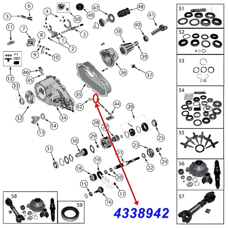 O-Ring for Oil Pickup Tube NP231, NP242 and NP249 Transfer Case. Jeep Cherokee XJ / Wrangler YJ / TJ / Grand Cherokee ZJ / ZG / WJ / WG / Comanche MJ / Liberty KJ (1987-2007), exploded drawing showing position of O-Ring on Transfer Case.