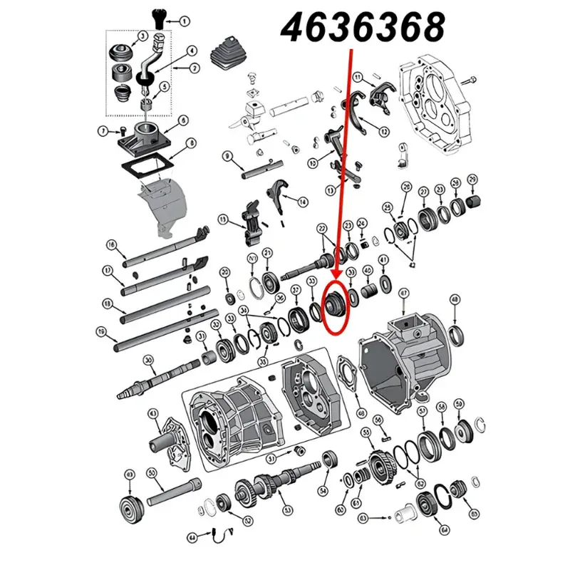 Zahnrad mit 31 Zähnen für den ersten (1.) Gang am AX15 Schaltgetriebe. Jeep Cherokee XJ / Wrangler YJ / TJ / Grand Cherokee ZJ / Comanche MJ (1987-1999), Explosionszeichnung, die mit rotem Pfeil die Position des Zahnrads am Schaltgetriebezeigt.