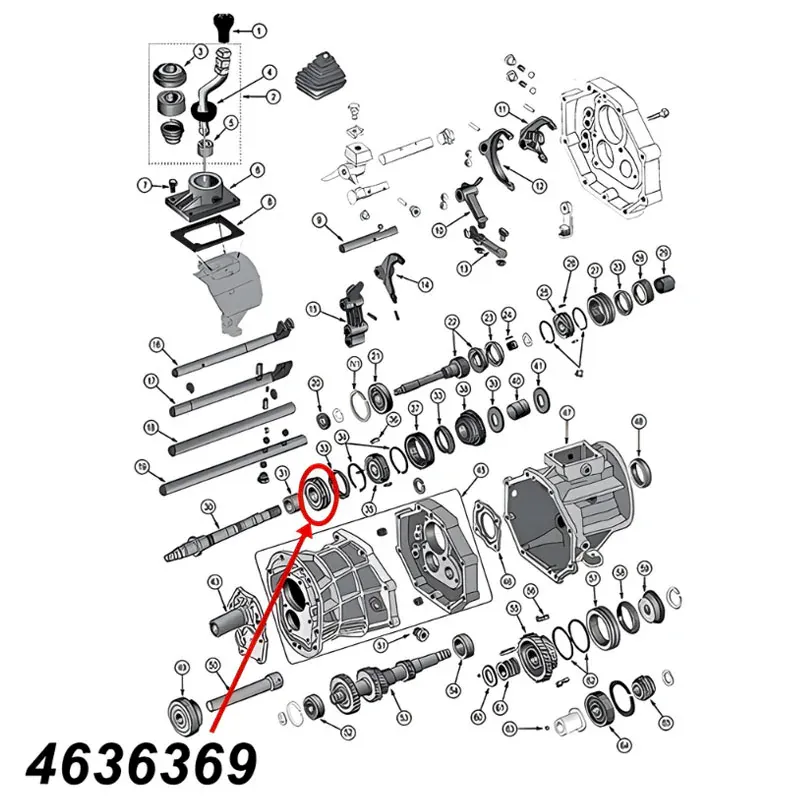 Zahnrad für den zweiten (2.) Gang am AX15 Schaltgetriebe. Jeep Cherokee XJ / Wrangler YJ / TJ / Grand Cherokee ZJ / Comanche MJ (1987-1999), Explosionszeichnung, die mit rotem Pfeil die Position des Zahnrads am Schaltgetriebezeigt.
