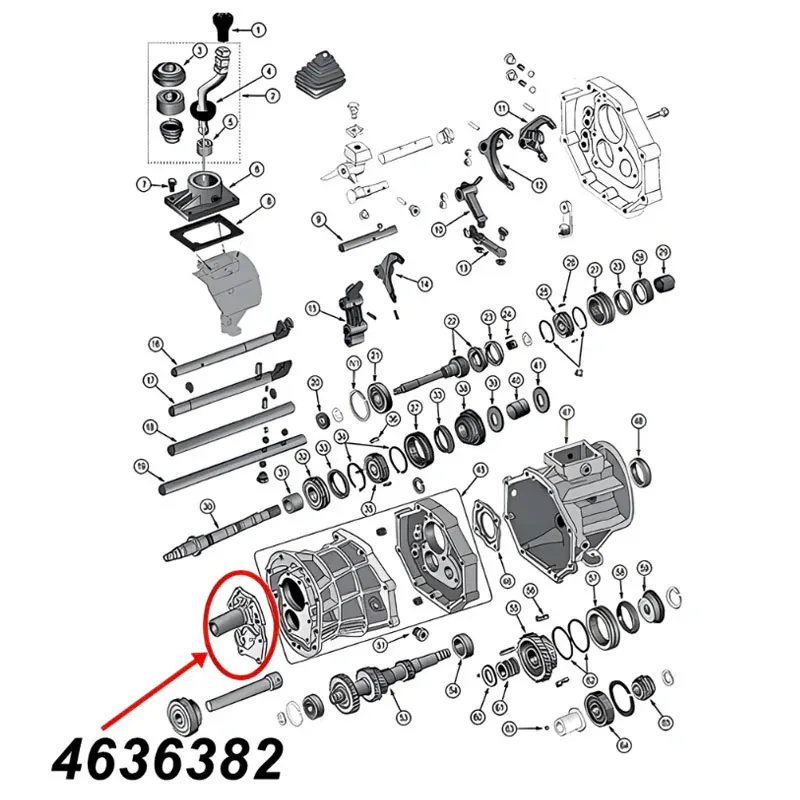 Lagerhalter, Gehäusedeckel vorne am AX15 Schaltgetriebe. Jeep Cherokee XJ / Wrangler YJ / TJ / Grand Cherokee ZJ / ZG (1994-1999), Explosionszeichnung, die mit rotem Pfeil die Position des Halters am Schaltgetriebezeigt.