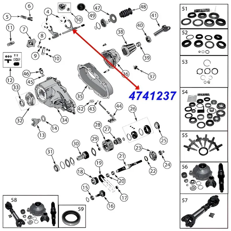 Mode Shift Fork and 9.375" (238,13 mm) Shaft for NP231 Transfer Case. Jeep Cherokee XJ / Wrangler YJ / TJ / Comanche MJ / Liberty KJ (1991-2007), exploded drawing showing the position of fork on Transfer Case.