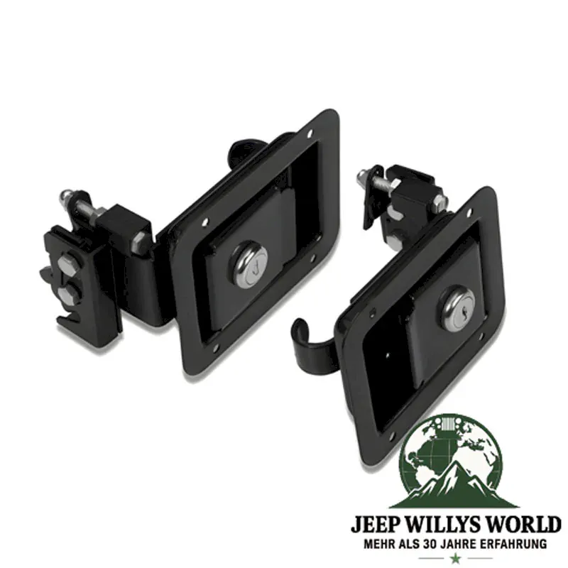 Bestop Türgriffe für Teilbare Türen Halbtüren Jeep CJ7 / CJ8 / YJ (76-95), Produktbild mit dem Schloss zum Betrachter gedreht.