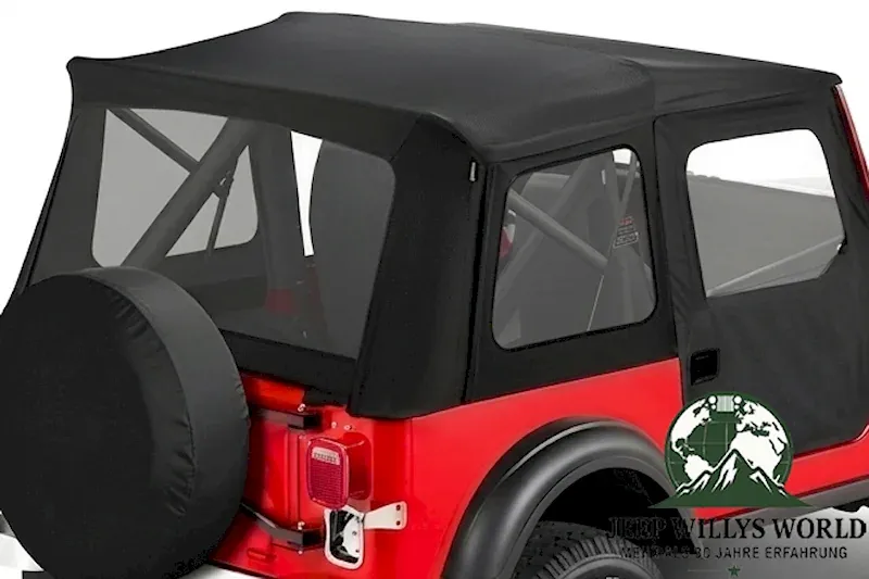 Supertop Verdeck inkl. teilbare Türen Black Denim Jeep CJ7 Wrangler YJ (80-95), montiert, Nahansicht.