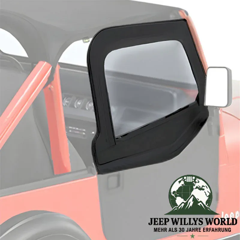 Upper Half Fabric Doors for Element Doors Soft Top Black Denim with clear Windows Jeep CJ7, Wrangler YJ (80-95). Close-up.