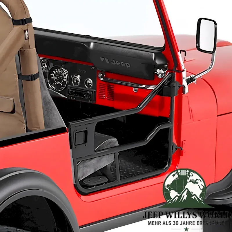 Element Doors Halbtüren HighRock 4x4 Matt Schwarz Bestop, pulverbeschichtet Jeep CJ7 (76-80). montiert Nahansicht.