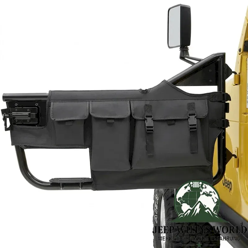 Stautaschen Set Vinyl Black Denim für Bestop High Rock 4x4 Element Doors Jeep CJ7, CJ8, Wrangler YJ, TJ (76-06). Nahansicht.