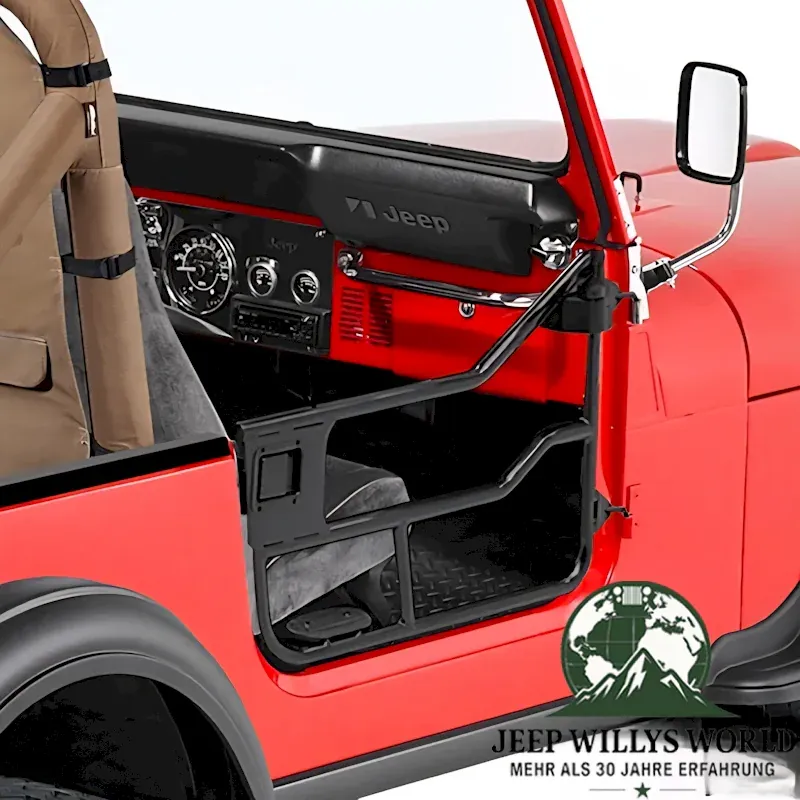 Element Doors Halbtüren HighRock 4x4 Matt Schwarz Bestop, pulverbeschichtet Jeep CJ7 (76-80). montiert Nahansicht.