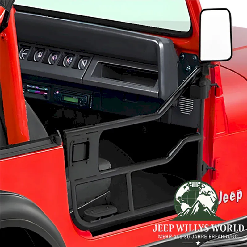 Element Doors Halbtüren HighRock 4x4 Matt Schwarz Bestop, pulverbeschichtet Jeep CJ7, CJ8, Wrangler YJ (80-95). montiert Nahansicht.