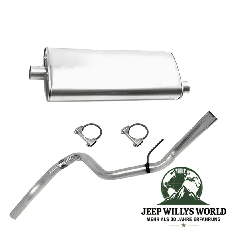 Endschalldämpfer und Endrohrbogen Kit (aluminisiert) mit 2,25" (57,15 mm) für 4,0L und 5,2L Benzin Motor. Jeep Grand Cherokee ZJ / ZG (1992-1995), voller Lieferumfang inkl. Schellen abgebildet.