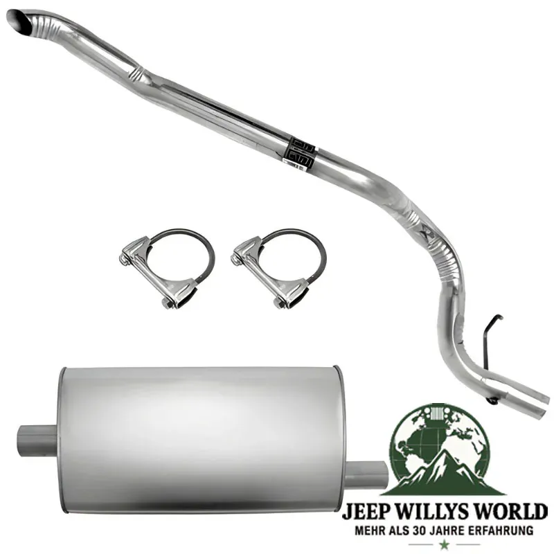 Endschalldämpfer und Endrohrbogen Kit (aluminisiert) inkl. Schellen. 2,25" (57,15 mm) für 2,5L 4 Zylinder oder 4,0L 6 Zylinder Motor. Jeep Cherokee XJ (1987-1995), voller Lieferumfang inkl. Schellen abgebildet.
