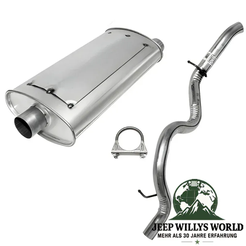 Endschalldämpfer & Endrohr Set (aluminisiert) mit 2,25" (57,15 mm) für 2,5L Motor. Jeep Wrangler TJ (1996-23.01.2000), voller Lieferumfang inkl. Schelle abgebildet.