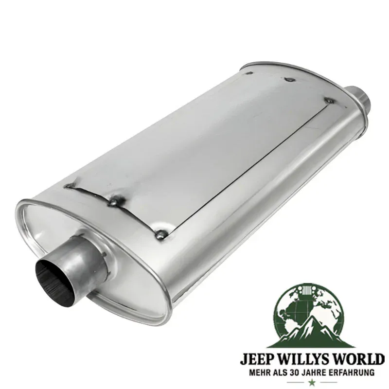 Endschalldämpfer (aluminisiert) mit 2,25" (57,15 mm) für 2,5L 4,0L Motor. Jeep Wrangler TJ (1996-23.01.2000), Eingangs Seite abgebildet, Oberseite sichtbar.