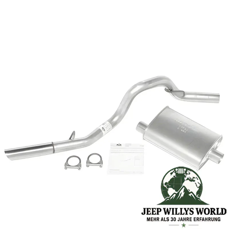 Performance Sport Endschalldämpfer und Endrohr mit 2,5" für 2,5L oder 4,0L Motor. Jeep Wrangler TJ (1996-2002), voller Lieferumfang abgebildet (Schalldämpfer, Rohr und Schellen).
