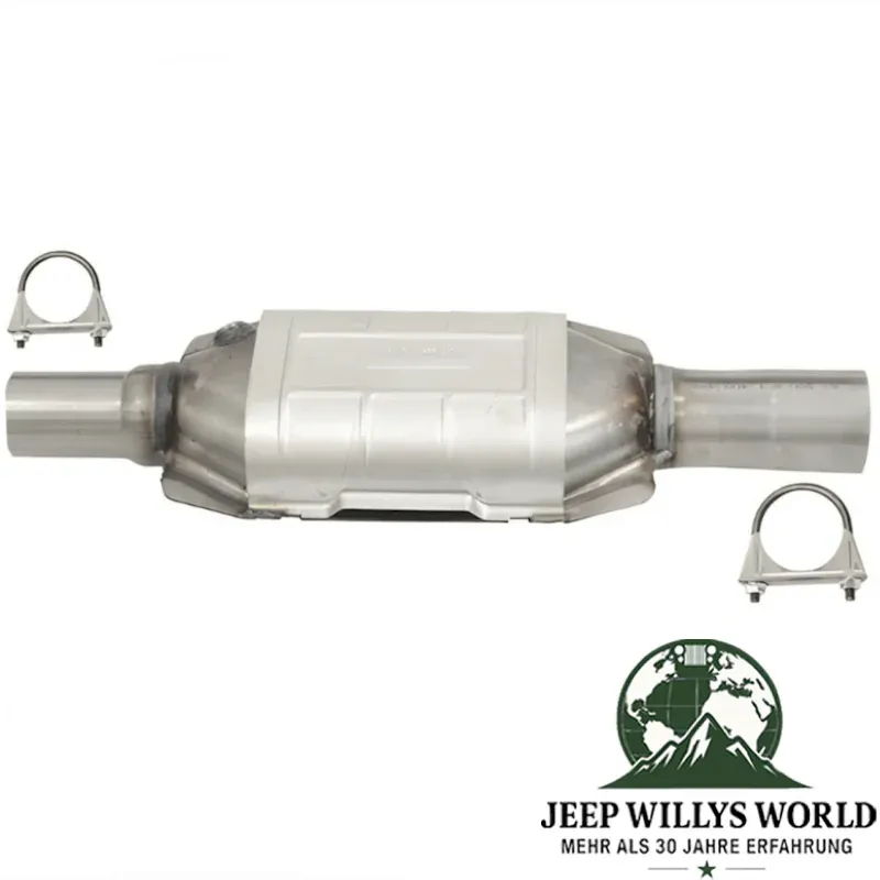 Katalysator (aluminisiert) für 2,5L, 4,0L, 5,2L oder 5,9L Benzin Motor. Jeep Cherokee XJ / Grand Cherokee ZJ / ZG / WJ / WG (1996-2001) inkl. 2 Schellen abgebildet.