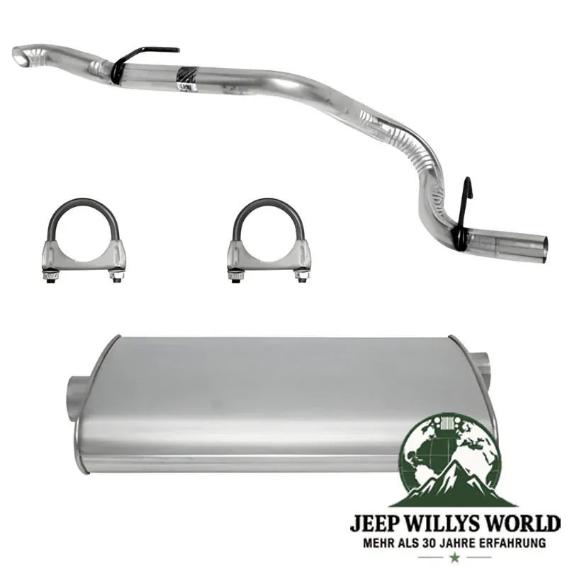Endschalldämpfer und Endrohrbogen Kit (aluminisiert) inkl. Schellen. 2,25" (57,15 mm) für 2,5L 4 Zylinder oder 4,0L 6 Zylinder Motor. Jeep Cherokee XJ (1996-2000), voller Lieferumfang inkl. Schellen abgebildet.