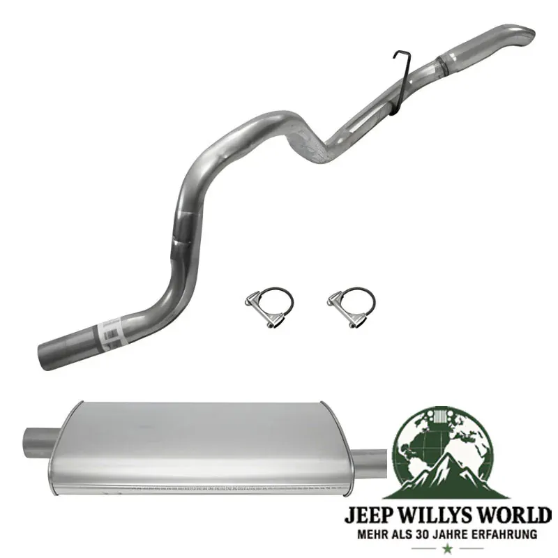Endschalldämpfer und Endrohrbogen Kit (aluminisiert) mit 2" (50,80 mm) für 4,0L und 5,2L Benzin Motor. Jeep Grand Cherokee ZJ / ZG (1996-1998), voller Lieferumfang inkl. Schellen abegbildet.
