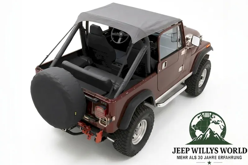 Bestop Bikini Top Traditional Style Charcoal Denim Jeep CJ7 CJ8 Wrangler YJ (76-91), montiert.
