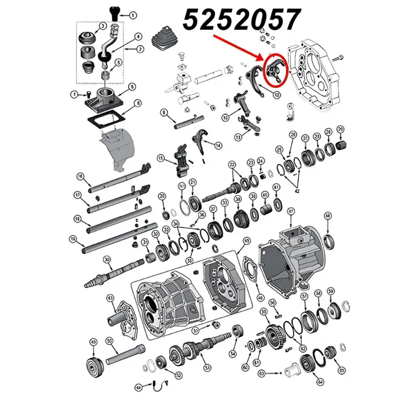 Schaltgabel 1. & 2. Gang AX15 Schaltgetriebe Jeep XJ Wrangler YJ TJ Grand Cherokee ZJ (87-99), Explosionszeichnung, die mit rotem Pfeil die Position der Schaltgabel am Schaltgetriebezeigt.