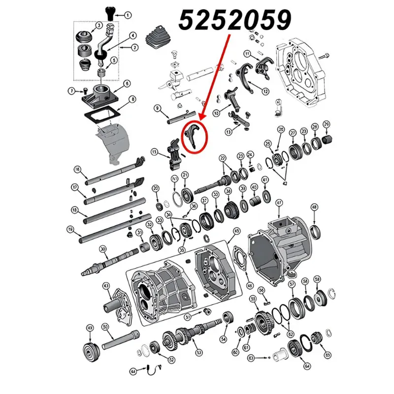 Schaltgabel 5. Gang AX15 Schaltgetriebe Jeep XJ Wrangler YJ TJ Grand Cherokee ZJ (87-99), Explosionszeichnung, die mit rotem Pfeil die Position der Schaltgabel am Schaltgetriebezeigt.