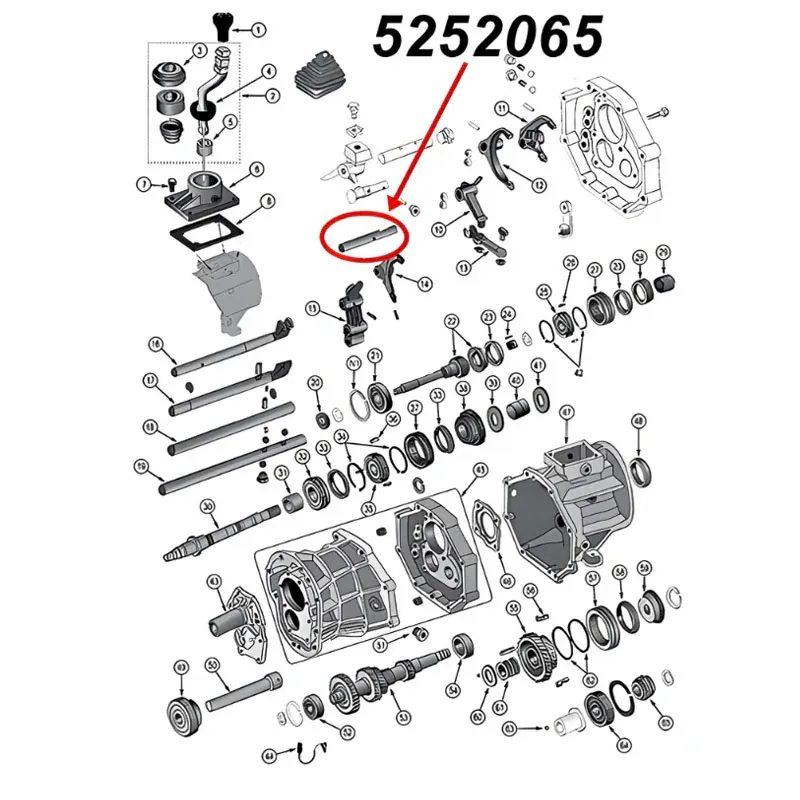 Hintere Schaltstange, Schaltwelle für den Rückwärtsgang für AX15 Schaltgetriebe. Jeep Cherokee XJ / Wrangler YJ / TJ / Grand Cherokee ZJ / Comanche MJ (1987-1999), Explosionszeichnung, die mit rotem Pfeil die Position der Dichtung am Schaltgetriebezeigt.