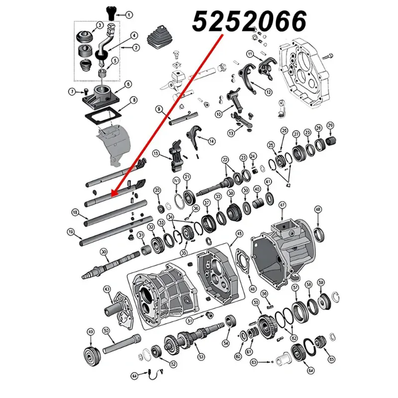 Schaltstange 1. & 2. Gang AX15 Schaltgetriebe Jeep XJ Wrangler YJ TJ Grand Cherokee ZJ (87-99), Explosionszeichnung, die mit rotem Pfeil die Position der Schaltstange am Schaltgetriebezeigt.