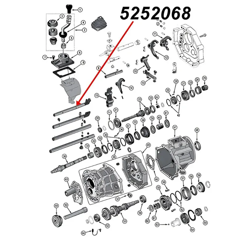 Schaltstange 3. & 4. Gang AX15 Schaltgetriebe Jeep XJ Wrangler YJ TJ Grand Cherokee ZJ (87-99), Explosionszeichnung, die mit rotem Pfeil die Position der Schaltstange am Schaltgetriebezeigt.