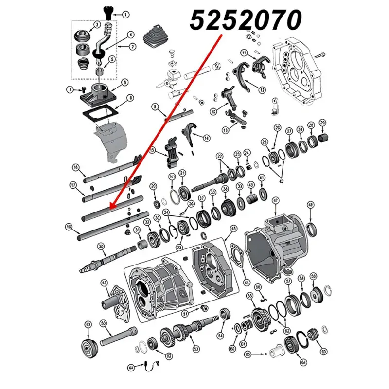Schaltstange vorne vom Rückwärtsgang am AX15 Schaltgetriebe. Jeep Cherokee XJ / Wrangler YJ / TJ / Grand Cherokee ZJ / Comanche MJ (1987-1999), Explosionszeichnung, die mit rotem Pfeil die Position der Stange am Schaltgetriebezeigt.