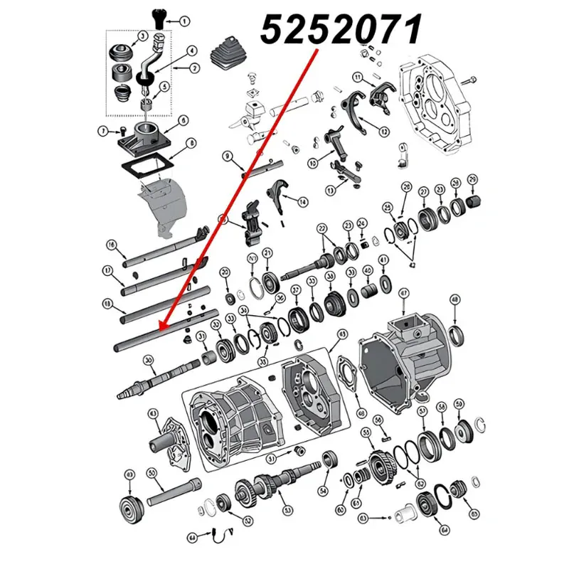 Schaltstange 5. Gang am AX15 Schaltgetriebe. Jeep Cherokee XJ / Wrangler YJ / TJ / Grand Cherokee ZJ / Comanche MJ (1987-1999), Explosionszeichnung, die mit rotem Pfeil die Position der Stange am Schaltgetriebezeigt.