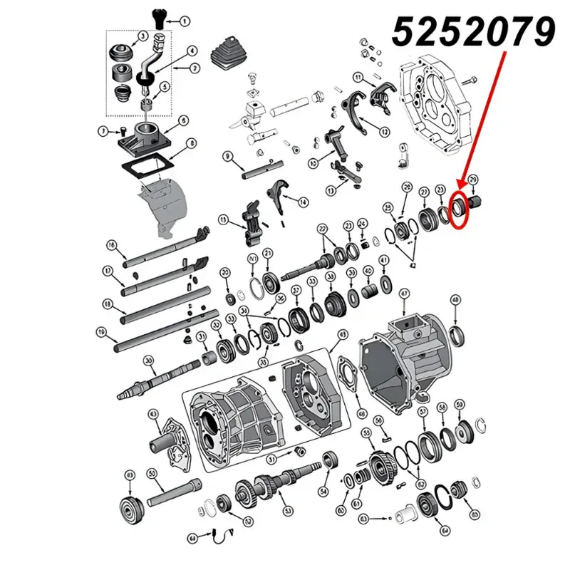 Zahnrad mit 31 Zähnen für den dritten (3.) Gang am AX15 Schaltgetriebe. Jeep Cherokee XJ / Wrangler YJ / TJ / Grand Cherokee ZJ / Comanche MJ (1987-1999), Explosionszeichnung, die mit rotem Pfeil die Position des Zahnrads am Schaltgetriebezeigt.