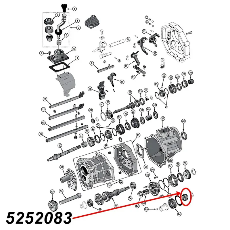 Zahnrad für den fünften (5.) Gang am AX15 Schaltgetriebe. Jeep Cherokee XJ / Wrangler YJ / TJ / Grand Cherokee ZJ / Comanche MJ (1987-1999), Explosionszeichnung, die mit rotem Pfeil die Position des Zahnrads am Schaltgetriebezeigt.