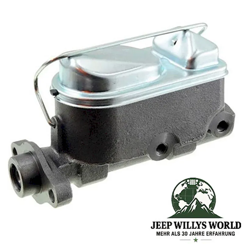 Hauptbremszylinder 10" Trommelbremse Jeep CJ5 CJ7 78-86 mit Bremskraftverstärker, seitlich / frontal, Anschluss zu erkennen.