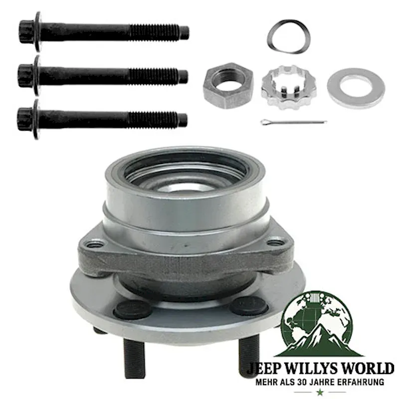 Front Hub Assembly Set Dana 30. Bearings, Hub Bolt & Spindle Nut Set. Left or Right. Jeep Wrangler YJ / Cherokee XJ / Comanche MJ (1984-1989)