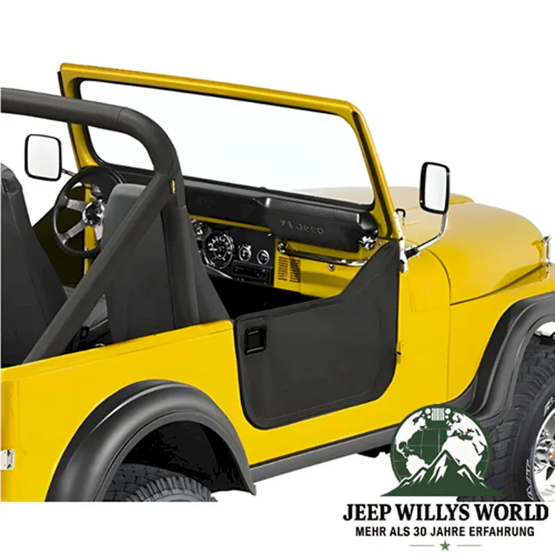 Lower Half Fabric Half Doors Bestop Soft Top Black Crush with Paddle-Style Door Handle Jeep CJ7 (76-80), mounted, Close-up.