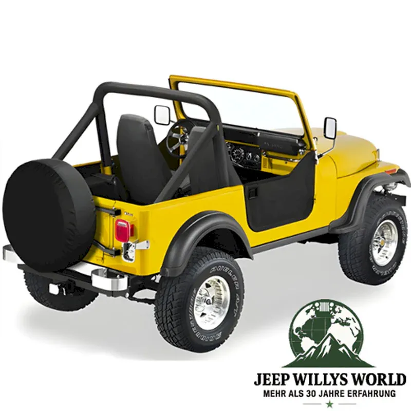 Lower Half Fabric Half Doors Bestop Soft Top Black Crush with Paddle-Style Door Handle Jeep CJ7 (76-80), mounted.