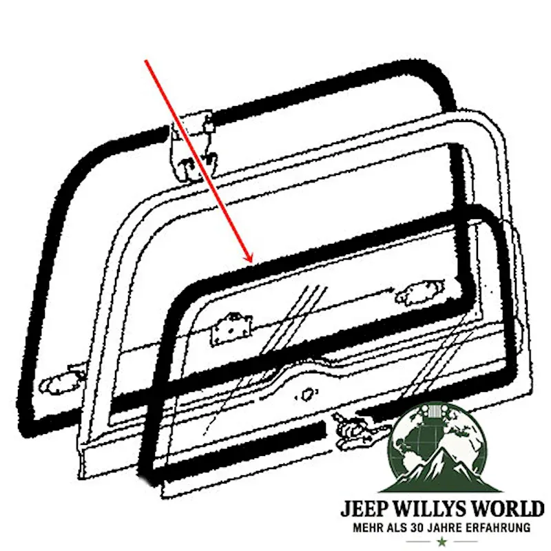Hardtop Heckscheiben Glas Dichtung Jeep CJ7, CJ8, 76-86, Technische Zeichnung mit rotem Pfeil zur lokalisierung am Hardtop..