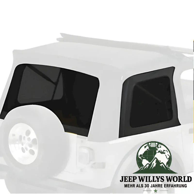 Sunrider Soft Top Black Denim mit getönten Scheiben Jeep CJ7, Wrangler YJ (76-95). Hervorgehoben auf ausgegrauter Soft Top Detailansicht.
