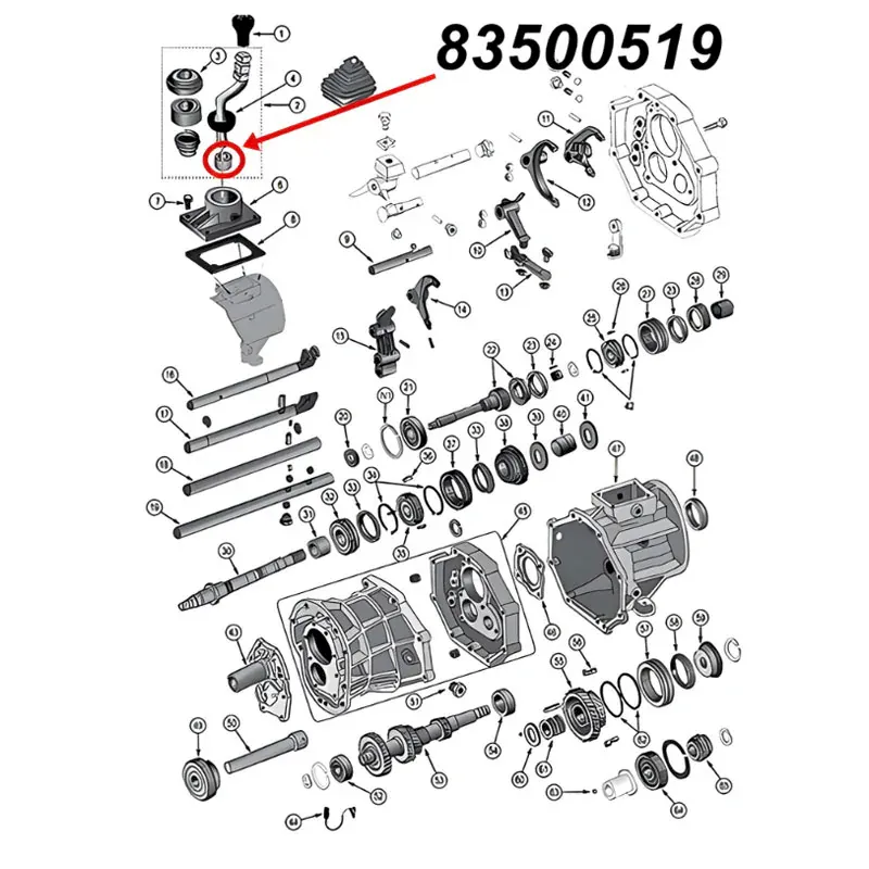 Gummi Buchse, Puffer für Schaltgestänge am AX4, AX5 oder AX15 Schaltgetriebe. Jeep Cherokee XJ /  Wrangler YJ / TJ / Grand Cherokee ZJ / Comanche MJ (1984-2002), Explosionszeichnung, die mit rotem Pfeil die Position der Buchse am Schaltgetriebe zeigt.