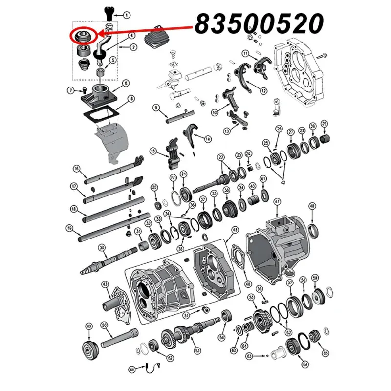 Schaltmanschette Gehäuse AX4 AX5 AX15 Schaltgetriebe Jeep XJ / YJ / TJ / ZJ (84-02), Explosionszeichnung, die mit rotem Pfeil die Position der Manschette am Schaltgetriebe zeigt.