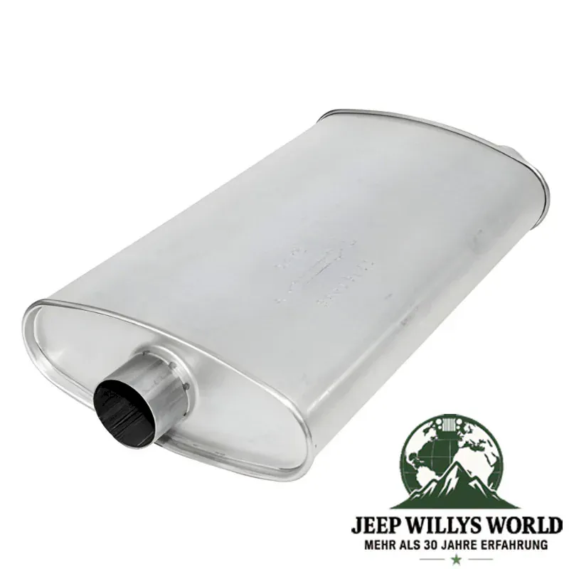 Muffler with 2.25" (57,15 mm) for 2.5L 4 Cylinder and 4.0L 6 Cylinder engine. Jeep Cherokee XJ (1986-2000), inlet pictured.