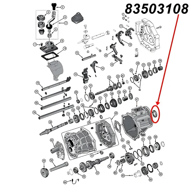 Simmerring Ausgangswelle für AX4, AX5 oder AX15 Schaltgetriebe. Jeep Cherokee XJ / Wrangler YJ / TJ / Grand Cherokee ZJ / Comanche MJ (1984-2002), Explosionszeichnung die mit rotem Pfeil die Position des Simmerring am Schaltgetriebe zeigt.