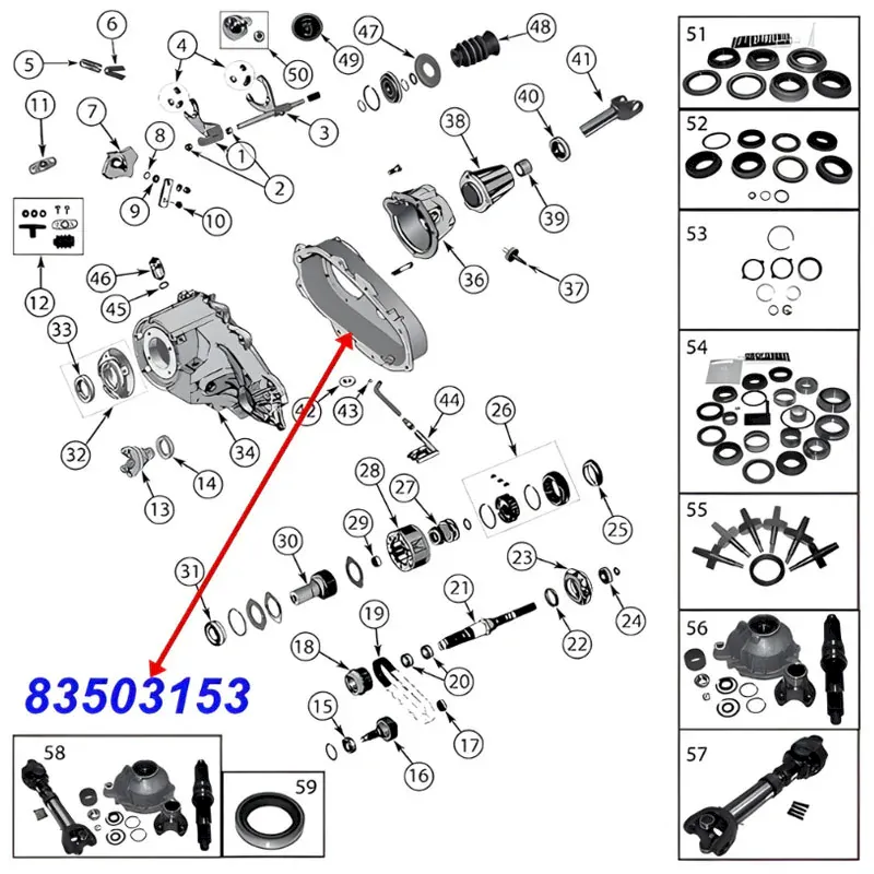 Rear Case Cover, Half Ring for NP231 Transfer Case. Jeep Cherokee XJ / Wrangler YJ (1987-1996), Exploded drawing showing position of Rear alf on Transfer Case.